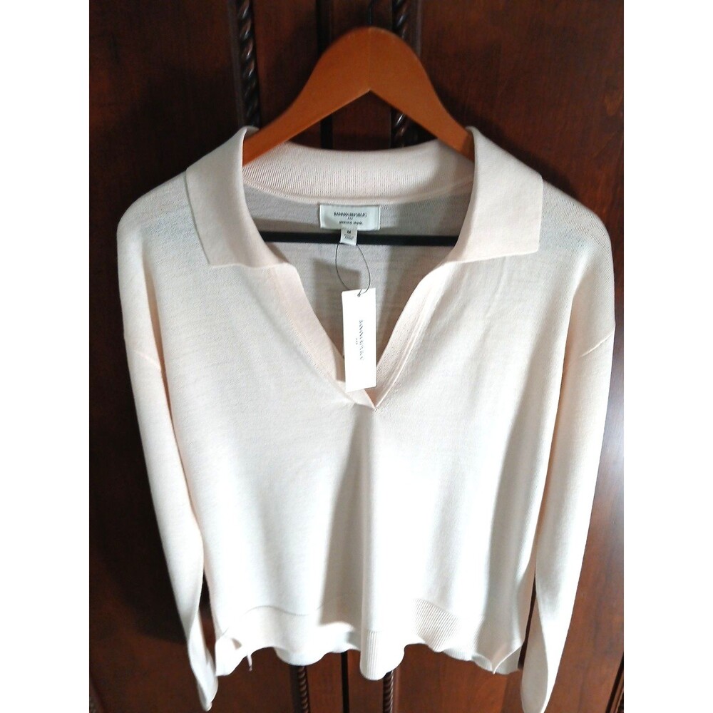 NWT Banana Republic Women's M Bella Merino Wool Polo Sweater Light Pink - Picture 6 of 11